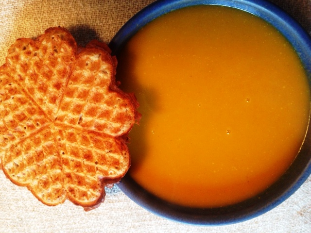 Pumpkin soup with oat and buckwheat waffle