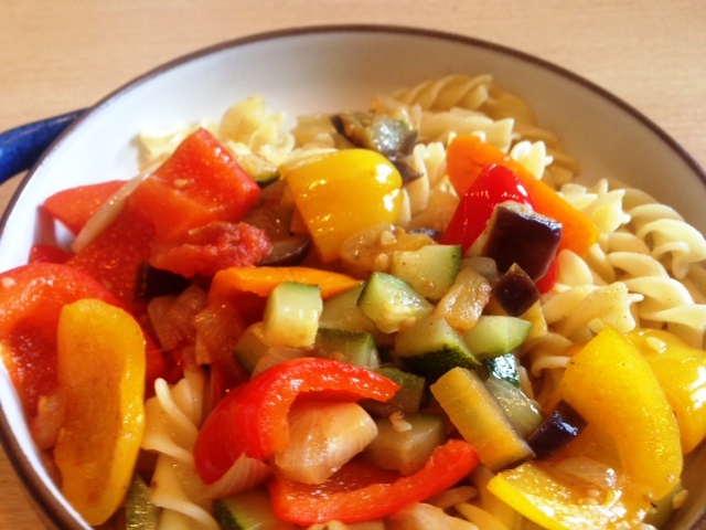 Corn pasta with vegetables