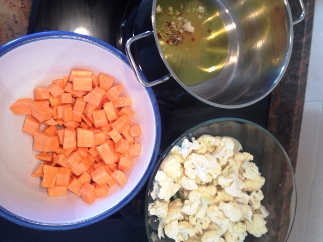 Ingredients for cauliflower and sweet potato curry