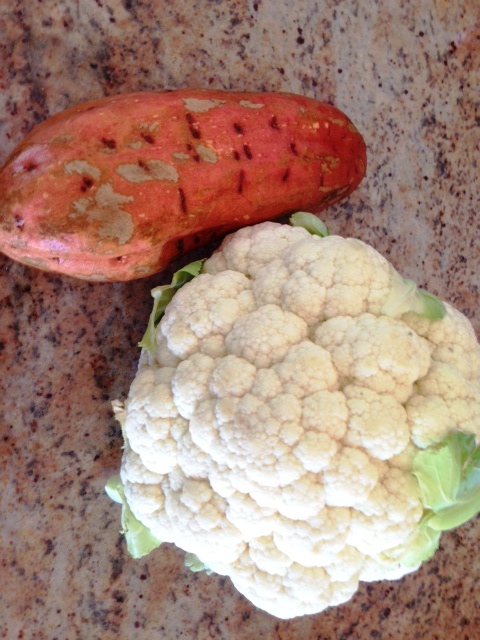 Wash the cauliflower and sweet potato